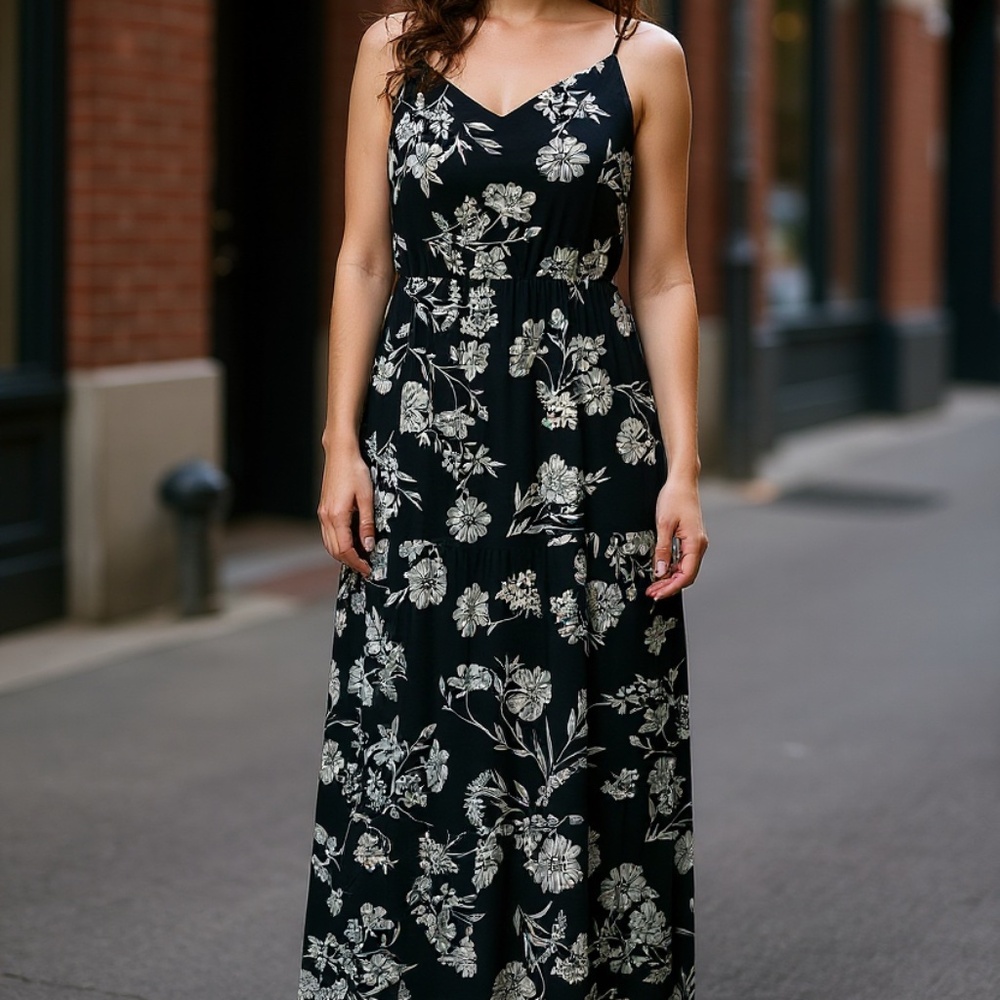 J.Crew Mercantile Black Floral Maxi Dress Sz 4 Small Sleeveless V-Neck Long